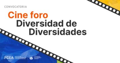 Imagen de convocatoria con fondo mayormente blanco. En el centro, el texto “Cine foro” aparece en color naranja y debajo, en letras grandes negras, “Diversidad de Diversidades”. En la parte superior izquierda se lee la palabra “Convocatoria” en gris. Dos tiras diagonales de película atraviesan la imagen: una desde la esquina superior derecha hacia el centro y otra desde la esquina inferior izquierda hacia el centro. La esquina inferior izquierda tiene un fondo azul y la inferior derecha un fondo verde. En la parte inferior se observan los logos institucionales de FCEA y la Universidad de la República.