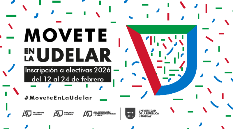 Imagen horizontal sobre fondo blanco. A la izquierda, en letras negras grandes, se lee “MOVETE en la UDELAR”. Debajo, un recuadro negro con texto blanco dice “Inscripción a electivas del 12 al 24 de febrero”. En la parte inferior izquierda aparece el hashtag #MoveteEnLaUdelar. A la derecha de la imagen hay un símbolo gráfico grande en forma de U, compuesto por tres trazos gruesos en rojo, verde y azul. Todo el fondo está cubierto por pequeños trazos tipo confeti en rojo, verde y azul. En la franja inferior se alinean los logos en negro de las tres Área: Ciencias de la Salud; Social y Artística; y Tecnologías y Ciencias de la Naturaleza y el Hábitat, incluyendo el de la Universidad de la República.