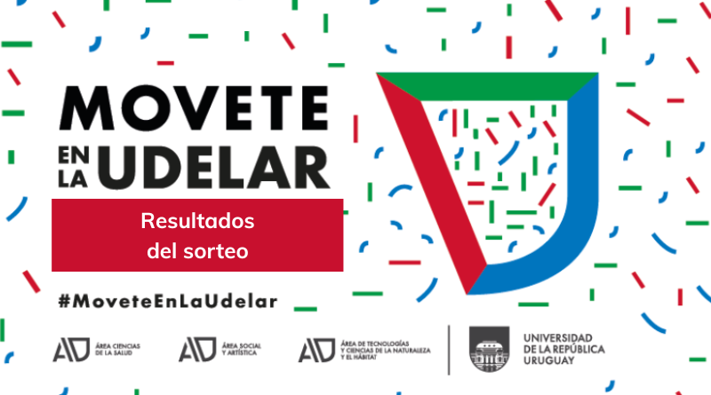 Imagen gráfica horizontal con fondo gris claro cubierto por pequeñas formas tipo confeti distribuidas de manera uniforme en rojo, verde y azul: líneas cortas verticales y horizontales, y curvas semicirculares. En el sector izquierdo superior, en tipografía negra grande, se lee: “MOVETE” en la primera línea y debajo “EN LA UDELAR”, con “UDELAR” en mayor tamaño y peso tipográfico. Más abajo, sobre el lado izquierdo, hay un rectángulo rojo horizontal con texto blanco centrado que dice: “Resultados del sorteo”. En la parte inferior izquierda aparece el hashtag “#MoveteEnLaUdelar” en color negro. En el lado derecho de la imagen se destaca una figura geométrica grande con forma de “U” estilizada compuesta por tres segmentos gruesos: tramo superior verde horizontal, lateral izquierdo rojo inclinado hacia abajo y lateral derecho azul curvo que cierra la forma. En la franja inferior, alineados horizontalmente en color gris oscuro, se encuentran los logos y textos: “Área Ciencias de la Salud”, “Área Social y Artística” y “Área de Tecnologías y Ciencias de la Naturaleza y el Hábitat”. A la derecha, separado por una línea vertical, aparece el escudo y el texto “Universidad de la República Uruguay”.