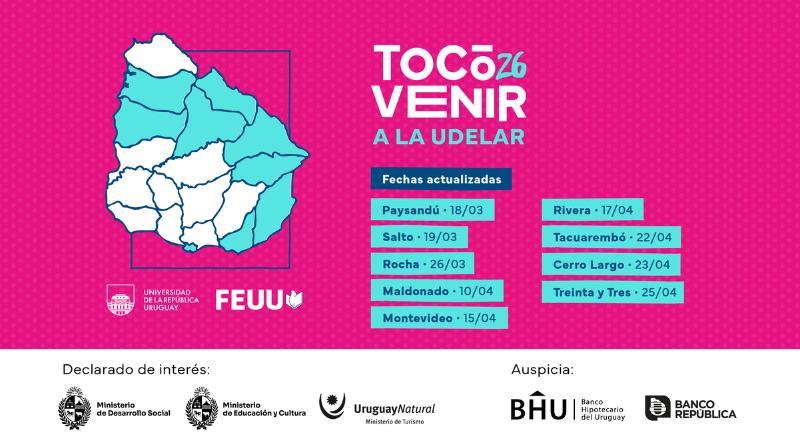 Afiche horizontal con fondo rosado intenso con un patrón de puntos más oscuros. A la izquierda se presenta un mapa de Uruguay en tonos celestes y blancos, dividido por departamentos, con algunos resaltados en celeste y otros en blanco. El mapa está enmarcado por un rectángulo fino en color azul. A la derecha del mapa, en la parte superior, aparece el título en letras grandes: “TOCÓ VENIR A LA UDELAR”, con el número “26” en tamaño menor junto a la palabra “TOCÓ”. Debajo, un recuadro azul oscuro dice “Fechas actualizadas”. Más abajo, en dos columnas de recuadros celestes con texto oscuro, se listan localidades y fechas: Paysandú · 18/03 Salto · 19/03 Rocha · 26/03 Maldonado · 10/04 Montevideo · 15/04 Rivera · 17/04 Tacuarembó · 22/04 Cerro Largo · 23/04 Treinta y Tres · 25/04 En la esquina inferior izquierda aparecen los logos de la Universidad de la República y FEUU (Federación de Estudiantes Universitarios del Uruguay). En una franja inferior de fondo gris claro se lee “Declarado de interés:” seguido de los logos del Ministerio de Desarrollo Social, Ministerio de Educación y Cultura y Uruguay Natural (Ministerio de Turismo). A la derecha de esa franja dice “Auspicia:” junto a los logos de BHU (Banco Hipotecario del Uruguay) y Banco República.