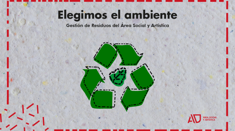La imagen presenta un diseño horizontal con fondo de textura similar a papel reciclado, en tonos gris claro, lo que refuerza una estética ecológica y artesanal. En la parte superior, centrado, aparece el texto en negro: “Elegimos el ambiente”, en tipografía grande y negrita. Debajo, en un tamaño menor, se lee: “Gestión de Residuos del Área Social y Artística”. En el centro de la composición hay un símbolo de reciclaje formado por seis figuras verdes irregulares que simulan flechas, dispuestas en forma circular. Estas piezas tienen un contorno punteado negro, lo que les da un estilo gráfico más manual o intervenido. En el medio del círculo hay una forma verde más pequeña, también con contorno punteado. Toda la imagen está enmarcada por una línea roja discontinua que recorre el borde interior, como si fuera un recorte o troquel. En la esquina inferior izquierda aparecen pequeños fragmentos de líneas rojas dispersas, como restos de ese mismo trazo. En la esquina inferior derecha se encuentra el logo en rojo del Área Social y Artística, con las siglas “AD” destacadas y el texto “Área Social y Artística” en menor tamaño.