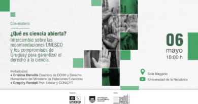 Afiche con fondo blanco y diseño en tonos verdes. A la derecha, una composición de imágenes en blanco y negro de manos levantadas, dispuestas en una grilla rectangular con algunos bloques superpuestos en color verde semitransparente. A la izquierda, el texto dice: “Conversatorio ¿Qué es ciencia abierta? Intercambio sobre las recomendaciones UNESCO y los compromisos de Uruguay para garantizar el derecho a la ciencia.” Más abajo, en texto más pequeño: “Invitados/as: • Cristina Mansilla, Directora de DDHH y Derecho Humanitario del Ministerio de Relaciones Exteriores • Gregory Randall, Prof. Udelar y CONICYT.” A la derecha se indica la ubicación: “Sala Maggiolo Universidad de la República” A la derecha, en gran tamaño: “06 mayo 18:00 h” En el pie aparecen los logos de UNESCO, Universidad de la República y la Red Temática de Medio Ambiente.
