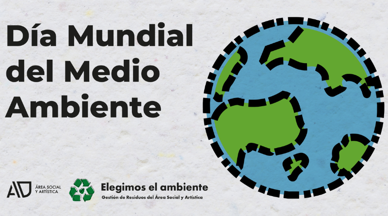 Imagen gráfica con fondo blanco texturado, similar al papel reciclado. A la izquierda, en letras negras grandes y en negrita, se lee: “Día Mundial del Medio Ambiente”. A la derecha aparece una ilustración circular del planeta Tierra. Los océanos son de color celeste y los continentes de color verde. Tanto el borde del planeta como los contornos internos de los continentes están representados por segmentos negros irregulares que recuerdan piezas separadas o recortes. En la parte inferior izquierda se encuentra el logo del Área Social y Artística de la Universidad de la República. Junto a él aparece el símbolo internacional de reciclaje en color verde. A la derecha del símbolo se lee: “Elegimos el ambiente” y debajo, en letras más pequeñas: “Gestión de Residuos del Área Social y Artística”.