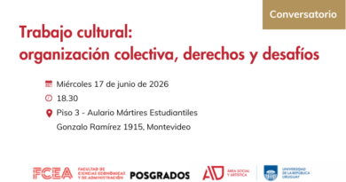Placa informativa. En la parte superior izquierda, en letras grandes color rojo oscuro, se lee: “Trabajo cultural: organización colectiva, derechos y desafíos”. Debajo, alineados a la izquierda, aparecen tres datos acompañados por íconos rojos: Ícono de calendario: “Miércoles 17 de junio de 2026”. Ícono de reloj: “18.30”. Ícono de ubicación: “Piso 3 - Aulario Mártires Estudiantiles” y, en una segunda línea, “Gonzalo Ramírez 1915, Montevideo”. En la esquina superior derecha hay un recuadro rectangular color ocre con la palabra “Conversatorio” en letras blancas. En la parte inferior se encuentran los logos institucionales, de izquierda a derecha: FCEA – Facultad de Ciencias Económicas y de Administración, Posgrados, Área Social y Artística y Universidad de la República.