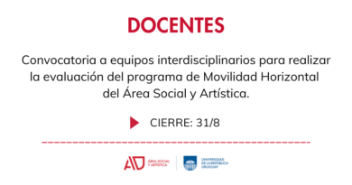 Imagen en fondo blanco, que dice en letras rojas Docentes y debajo en letras negras "Convocatoria a equipos interdisciplinarios para realizar la evaluación del programa de Movilidad Horizontal del Área Social y Artística" Más abajo dice Cierre: 31/8 y los logos de ASA y Udelar