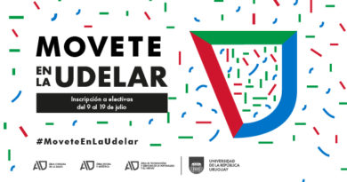 Imagen horizontal sobre fondo blanco. A la izquierda, en letras negras grandes, se lee “MOVETE en la UDELAR”. Debajo, un recuadro negro con texto blanco dice “Inscripción a electivas 2026 del 9 al 19 de julio”. En la parte inferior izquierda aparece el hashtag #MoveteEnLaUdelar. A la derecha de la imagen hay un símbolo gráfico grande en forma de U, compuesto por tres trazos gruesos en rojo, verde y azul. Todo el fondo está cubierto por pequeños trazos tipo confeti en rojo, verde y azul. En la franja inferior se alinean los logos en negro de las tres áreas académicas: Ciencias de la Salud; Social y Artística; y Tecnologías y Ciencias de la Naturaleza y el Hábitat, incluyendo el de la Universidad de la República.