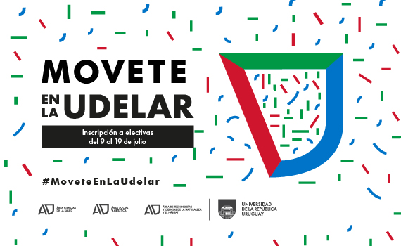 Imagen horizontal sobre fondo blanco. A la izquierda, en letras negras grandes, se lee “MOVETE en la UDELAR”. Debajo, un recuadro negro con texto blanco dice “Inscripción a electivas 2026 del 9 al 19 de julio”. En la parte inferior izquierda aparece el hashtag #MoveteEnLaUdelar. A la derecha de la imagen hay un símbolo gráfico grande en forma de U, compuesto por tres trazos gruesos en rojo, verde y azul. Todo el fondo está cubierto por pequeños trazos tipo confeti en rojo, verde y azul. En la franja inferior se alinean los logos en negro de las tres áreas académicas: Ciencias de la Salud; Social y Artística; y Tecnologías y Ciencias de la Naturaleza y el Hábitat, incluyendo el de la Universidad de la República.