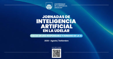 Sobre fondo azul oscuro, arriba se ve el logo de Udelar. Al centro en letras blancas grandes se lee "Jornadas de inteligencia artificial en la Udelar". Debajo en fondo celeste "Hacia un uso responsable y humano de la IA. 2026. Agosto/setiembre". Debajo un código QR