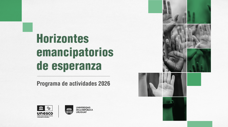 Afiche horizontal de fondo blanco. En el sector izquierdo el se lee "Horizontes emancipatorios de esperanza Programa de actividades 2026" y, a la derecha, una composición de fotografías en blanco y negro de varias manos levantadas, algunas superpuestas con transparencias verdes. Pequeños cuadrados verdes completan la composición. Debajo los logos de la cátedra unesco de DDHH y de Udelar