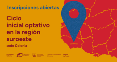 Gráfico con fondo color mostaza. En el lado izquierdo, en letras grandes color azul se lee "Inscripciones abiertas" y en color bordó, se lee: **"Ciclo inicial optativo en la región suroeste"**. Debajo, en un tamaño menor, dice: **"sede Colonia"**. En el lado derecho aparece un mapa estilizado de la región suroeste de Uruguay en color rojo, con los límites departamentales delineados en amarillo. Sobre el departamento de Colonia se superpone un gran ícono de ubicación de color azul con textura, cuya punta señala el departamento. Debajo del marcador, en letras amarillas, se lee **"COLONIA"**. En la franja inferior, sobre el fondo mostaza, aparecen los logotipos y nombres de las instituciones organizadoras, de izquierda a derecha: **Ciclo Inicial Optativo**, **Área Social y Artística**, **Universidad de la República Uruguay**, **Comisión Coordinadora del Interior** y **Región Suroeste**.