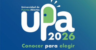 Sobre fondo azul se ve el logo de UPA 2026 y se lee"universidad de puestas abiertas. Conocer para elegir". Algunas palabras están en blanco y otras en verde.